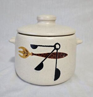 Vintage 1960's Westbend Stoneware Fork & Spoon Design Bean Dish with Lid